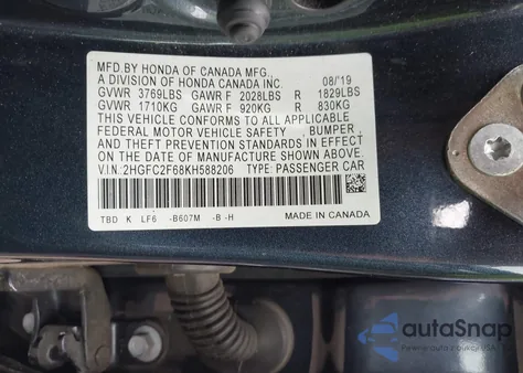 2019 Honda Civic Lx z USA, uszkodzony, nr VIN 2HGFC2F68KH588206